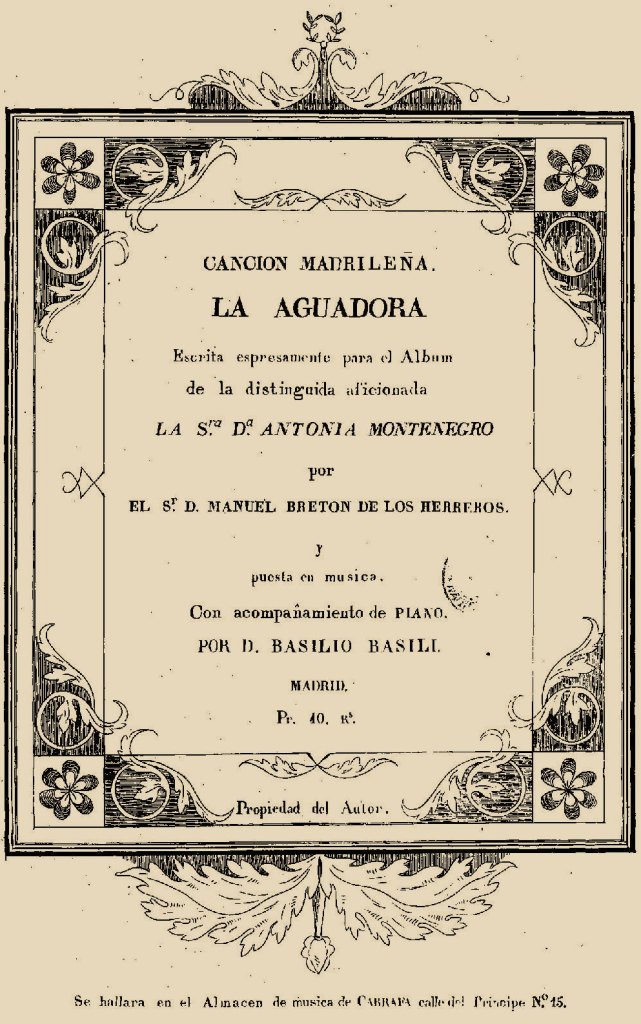Portada de la partitura de La aguadora, canción escrita para María Antonia Montenegro