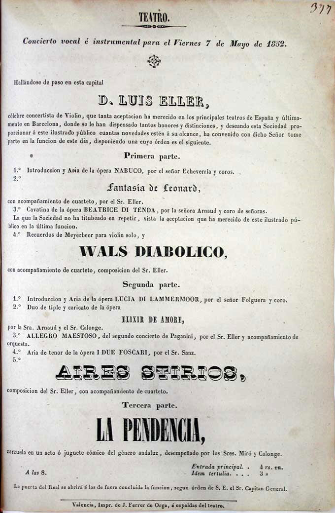 Anuncio de un concierto de Louis Eller el 7 de mayo de 1852 en Valencia